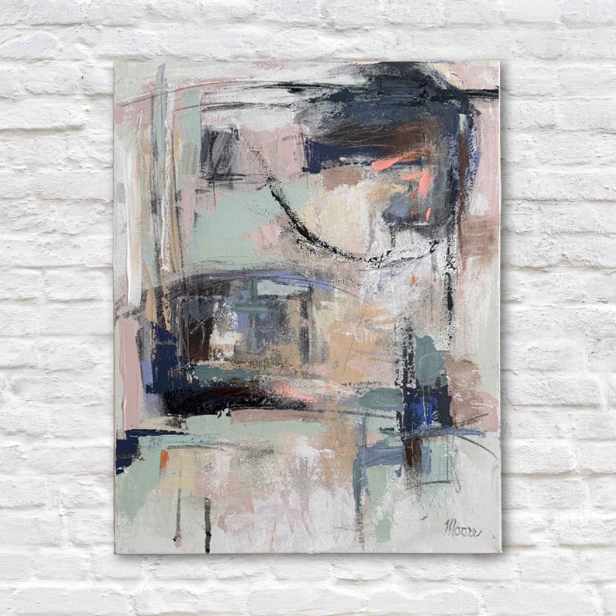 Abstract acrylic painting “Sweet Dreams” by Susan Moore, 16×20 gallery-wrapped canvas with soft pink, sage, and navy tones.