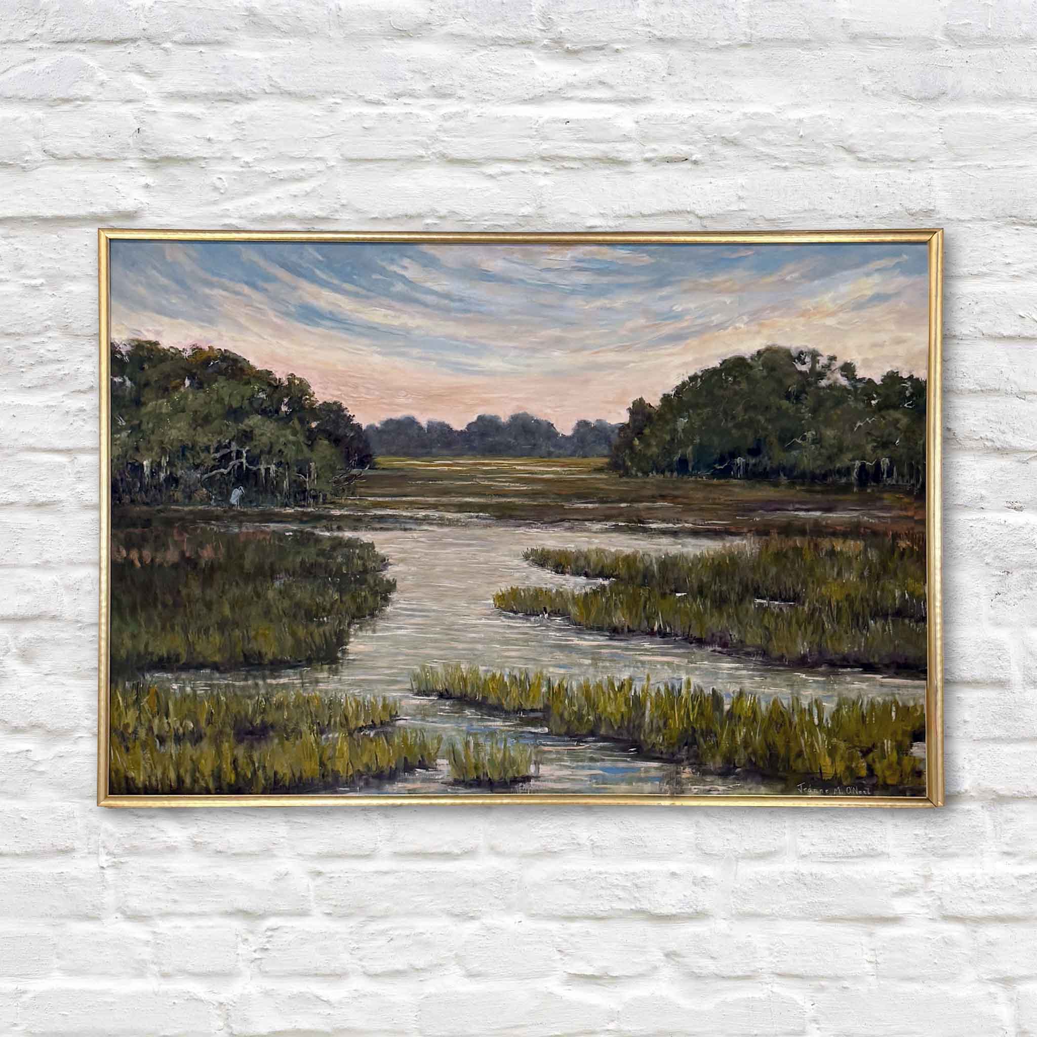 The Way Home by Jeanne O'Neal, an original 60x40 oil painting capturing the peaceful beauty of the South Carolina Lowcountry. Framed in Jeanne's signature handcrafted gold frame, this dramatic marsh landscape features a winding tidal creek, expansive marsh grasses, and a luminous evening sky. Available exclusively at Gray Man Gallery in Pawleys Island.