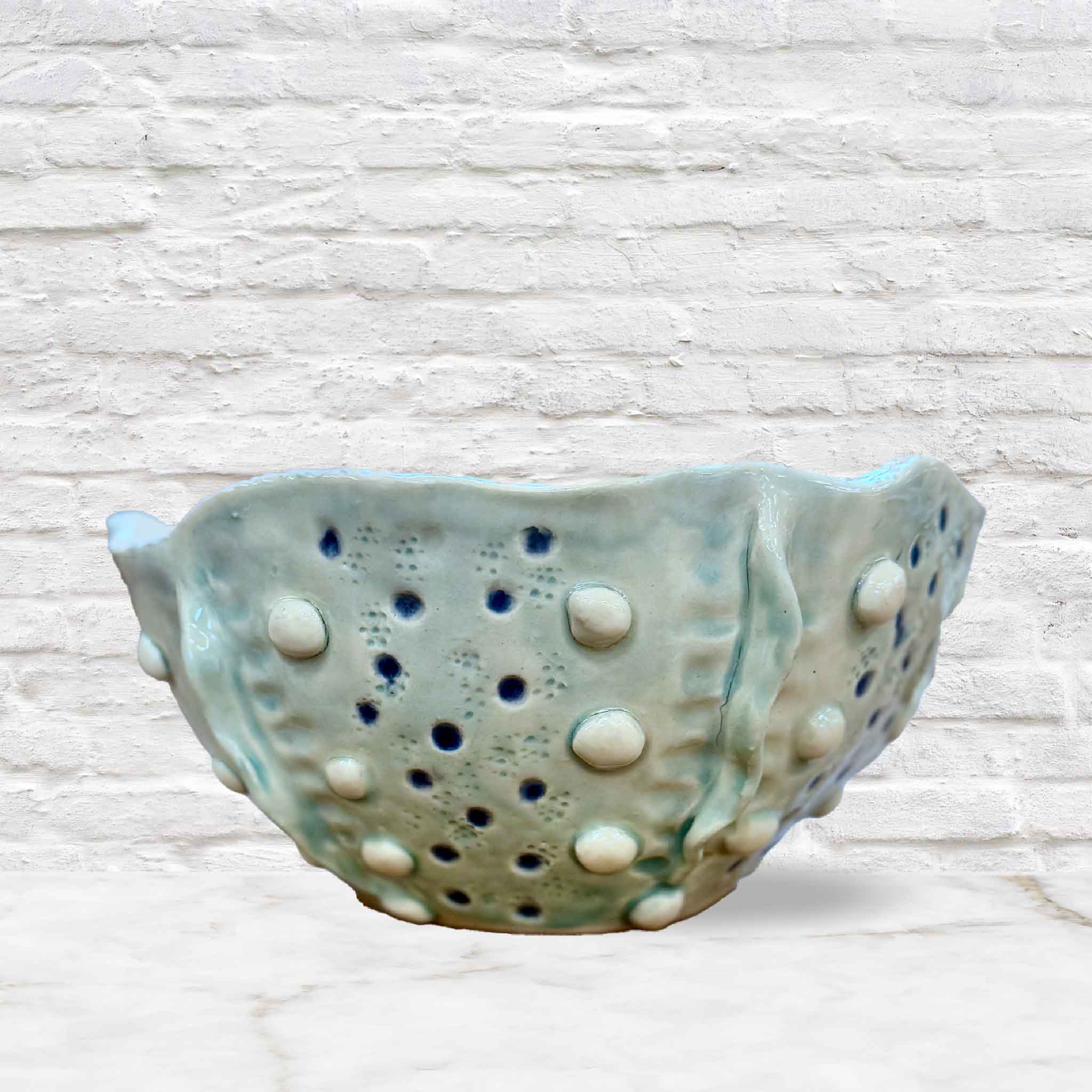 Tidepool Texture Bowl by local artist Vida Miller featuring raised barnacle-like texture and seafoam coastal glaze handmade in Pawleys Island at Gray Man Gallery