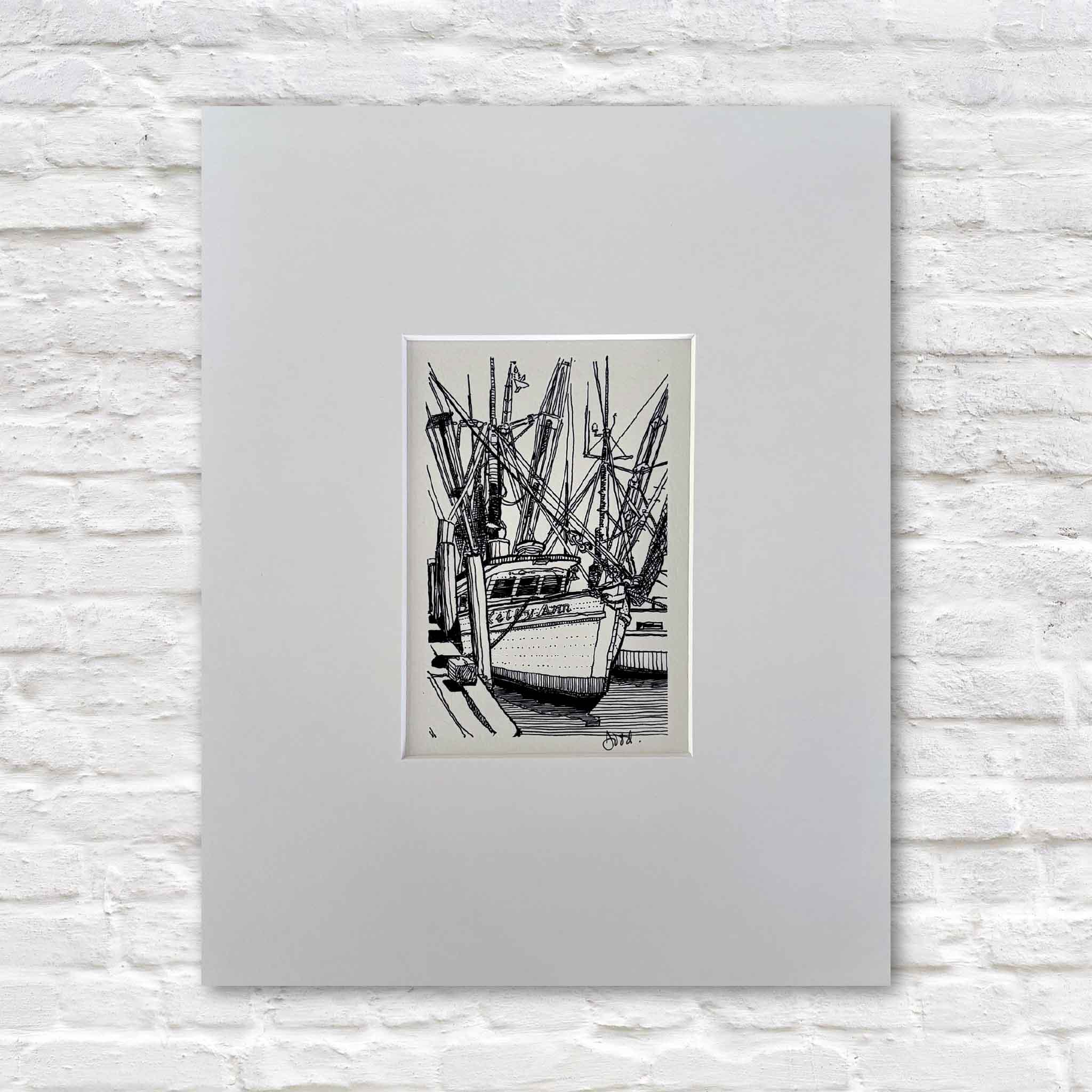 Georgetown Shrimp Boat by Todd Halamka, a detailed pen-and-ink print featuring a commercial shrimp boat docked in Georgetown Harbor, South Carolina. Professionally matted by Gray Man Gallery to fit a standard 11x14 frame, this coastal artwork celebrates the maritime heritage and working waterfront traditions of the South Carolina Lowcountry.