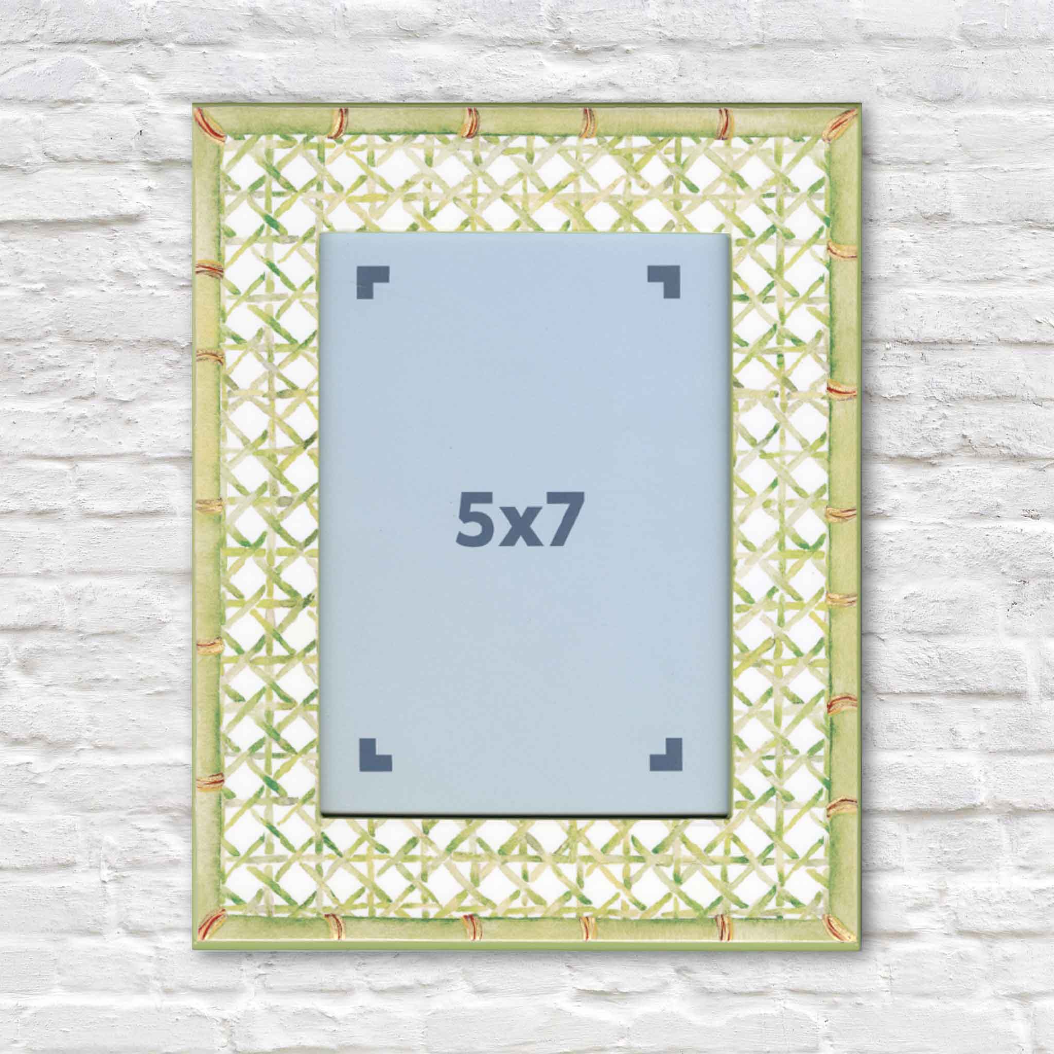 Front view of the Trellis Green 5x7 lacquer picture frame available at Gray Man Gallery. This decorative faux bamboo frame features a classic green trellis pattern and holds a standard 5x7 photograph, print, or original artwork.