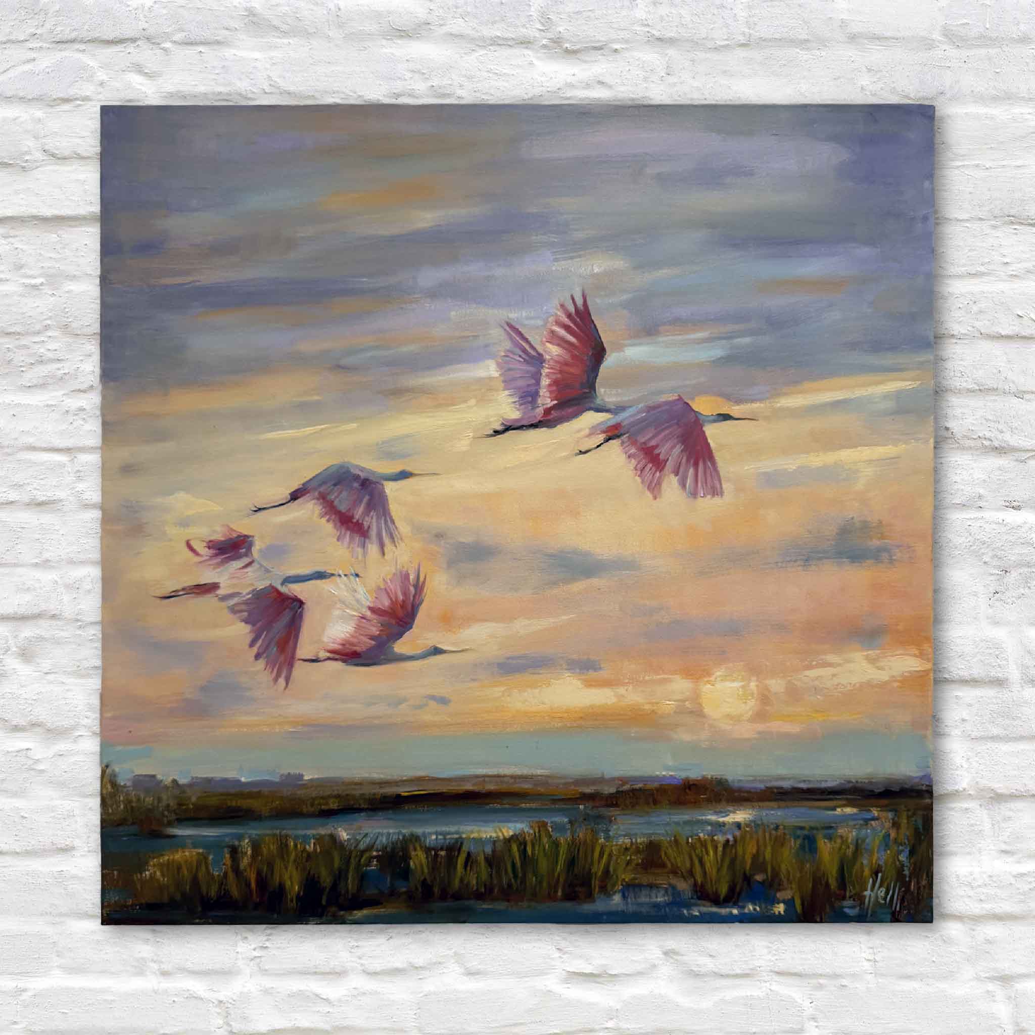 Twilight Ballet 36x36 oil painting by Helli Luck featuring roseate spoonbills flying over a Lowcountry marsh at sunset