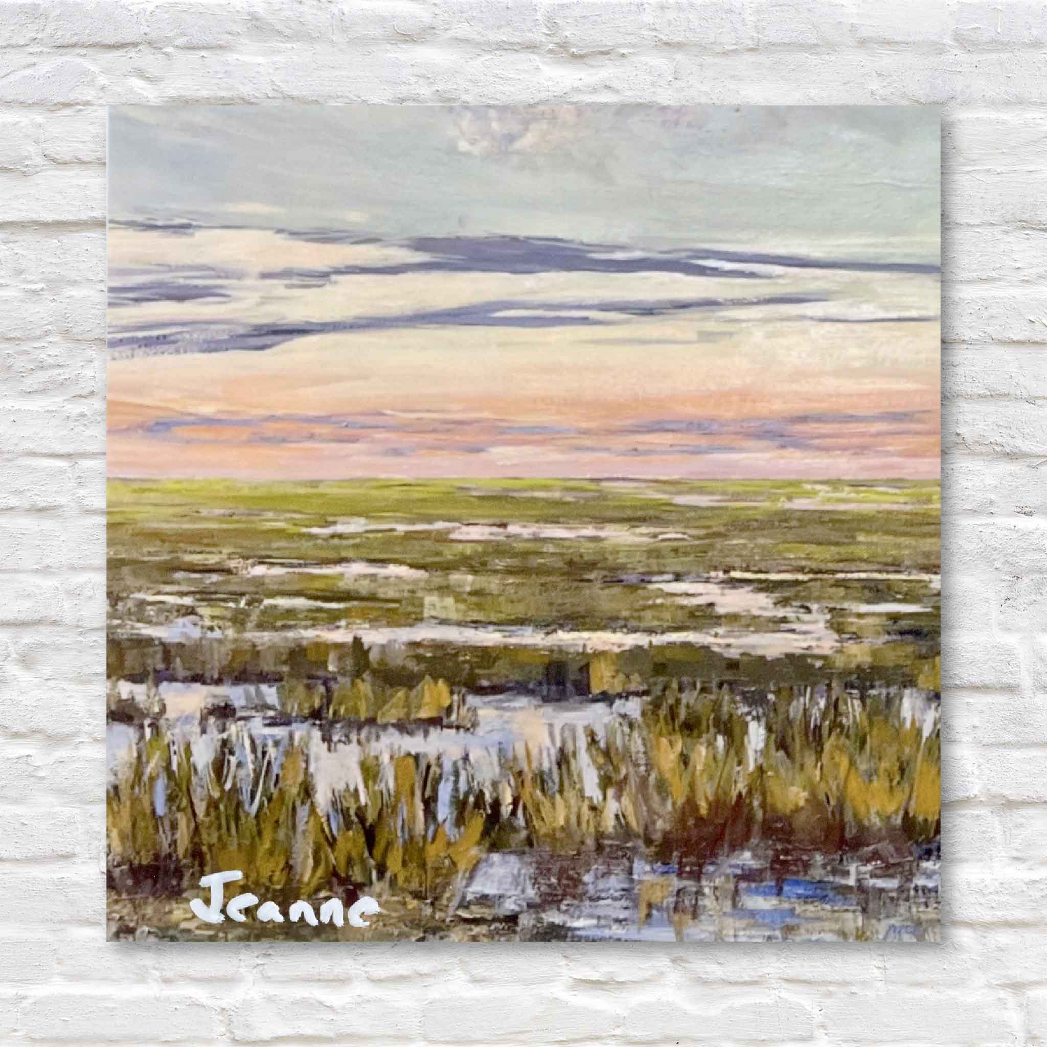 Twilight Tide acrylic block featuring a tranquil Lowcountry marsh at dusk by local artist Jeanne O’Neal, available at Gray Man Gallery in Pawleys Island, South Carolina.