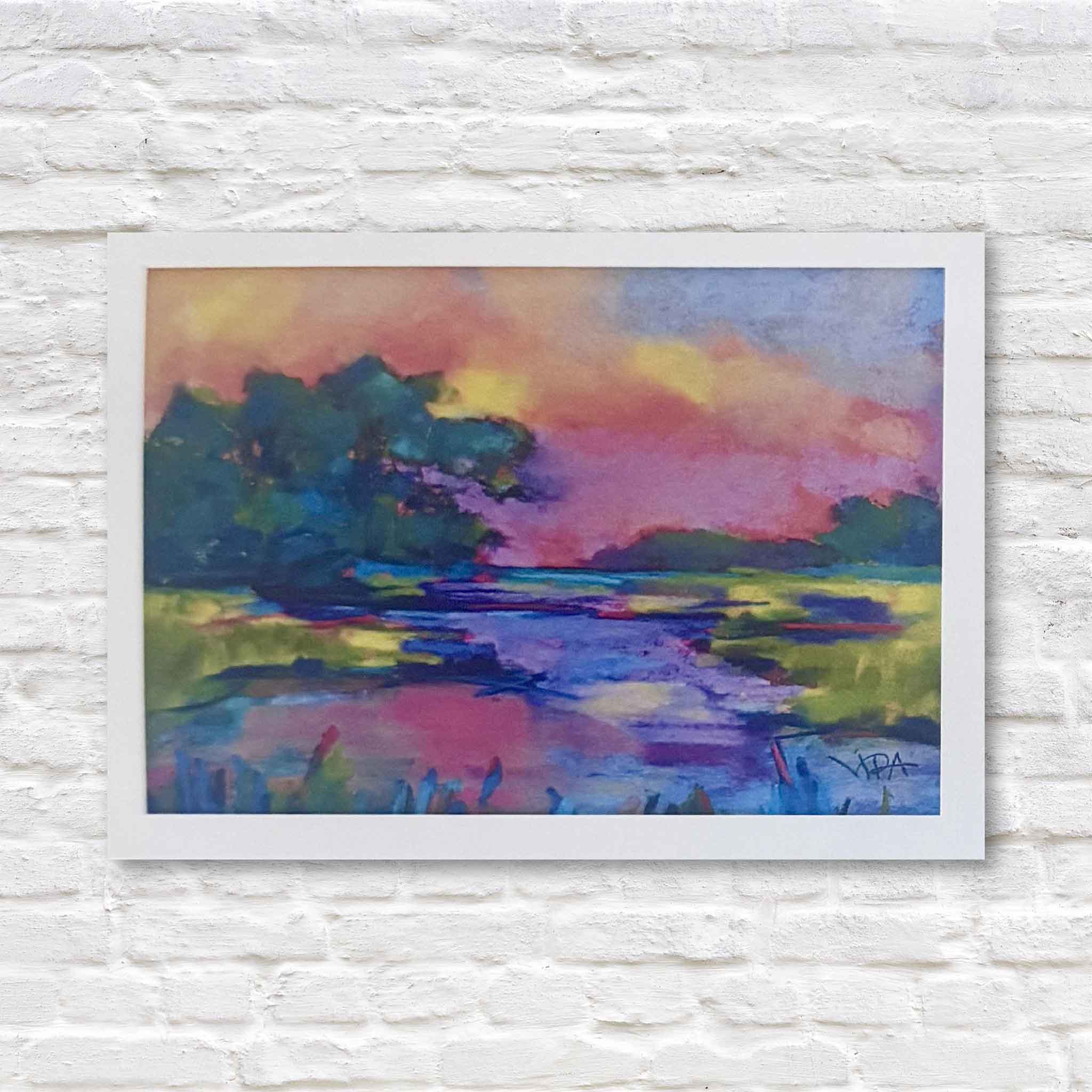 Boxed set of four folded A1 notecards featuring colorful Lowcountry marsh landscapes by Pawleys Island artist Vida Miller, reproduced from her original paintings and available at Gray Man Gallery in Pawleys Island, South Carolina. Premium blank-inside coastal stationery with coordinating envelopes, perfect for thank-you notes, hostess gifts, everyday correspondence, and Lowcountry gifts.