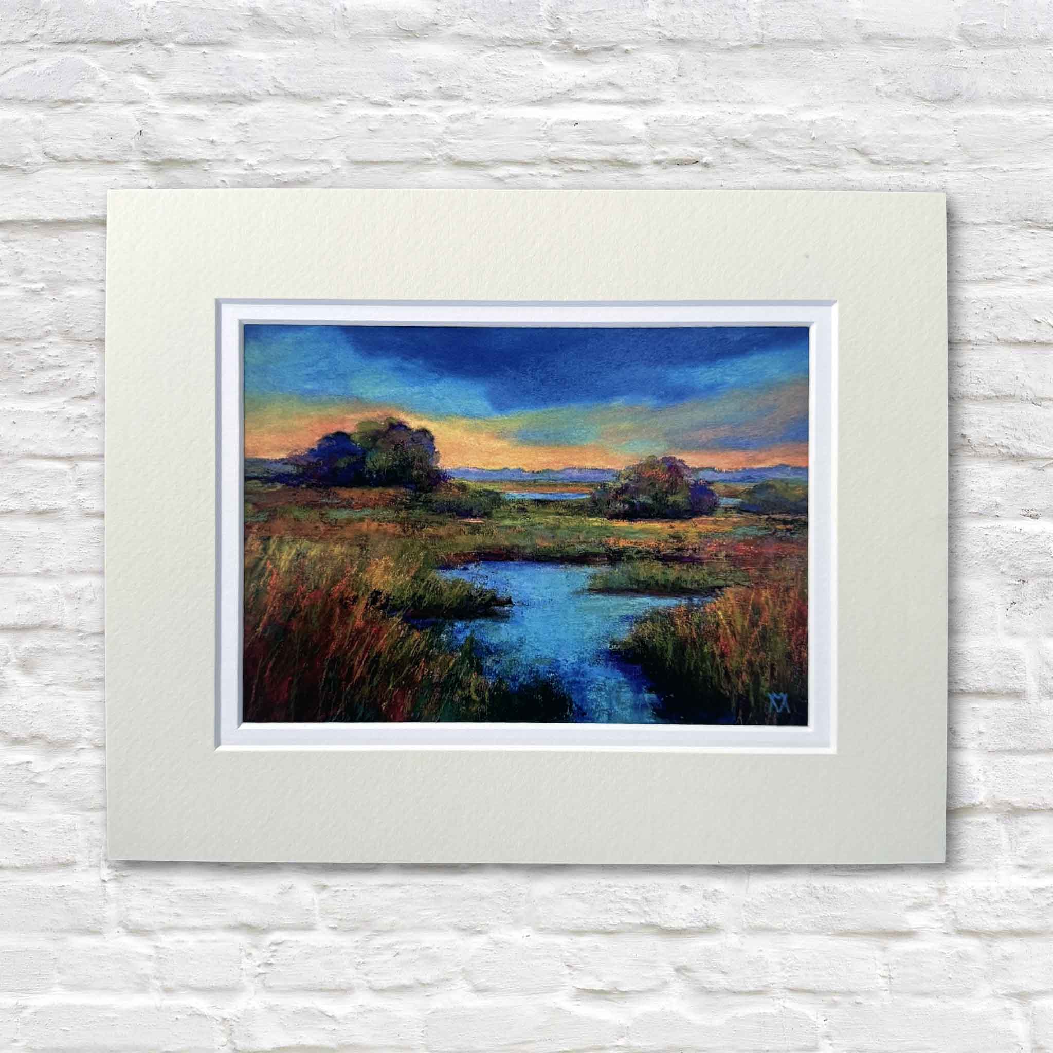 Double-matted print of Marsh #6 by Pawleys Island artist Vida Miller displayed at Gray Man Gallery. Reproduced from Miller's original pastel painting, this colorful Lowcountry marsh landscape features brilliant blue waterways, golden marsh grasses, and a dramatic coastal sky, fitting any standard 8×10 ready-made frame.