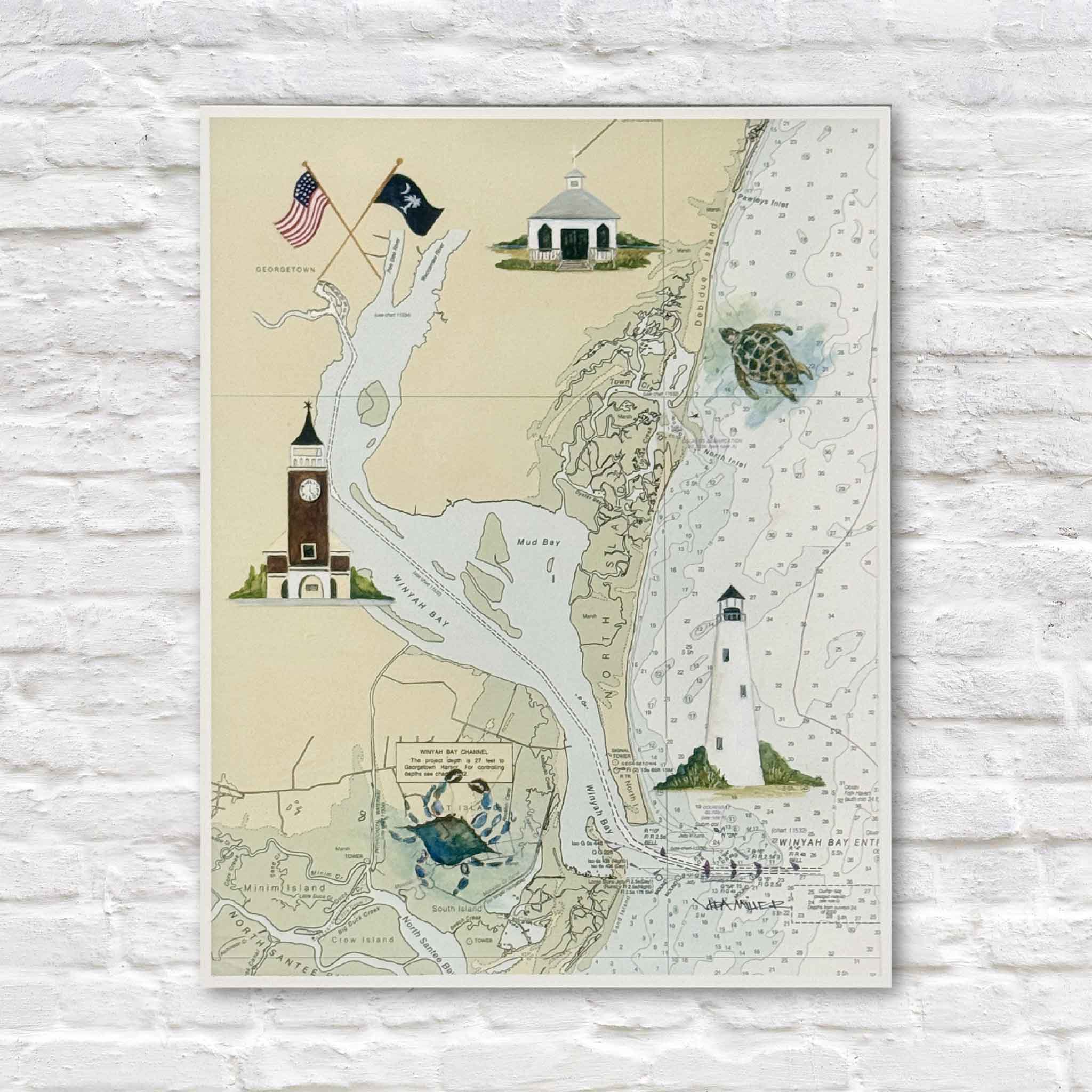 Illustrated Winyah Bay map by Lowcountry artist Vida Miller featuring Georgetown, Pawleys Island, the historic Georgetown clock tower, Pawleys Island Chapel, Georgetown Lighthouse, sea turtle, blue crab, and nautical chart details. Available at Gray Man Gallery in Pawleys Island, South Carolina.