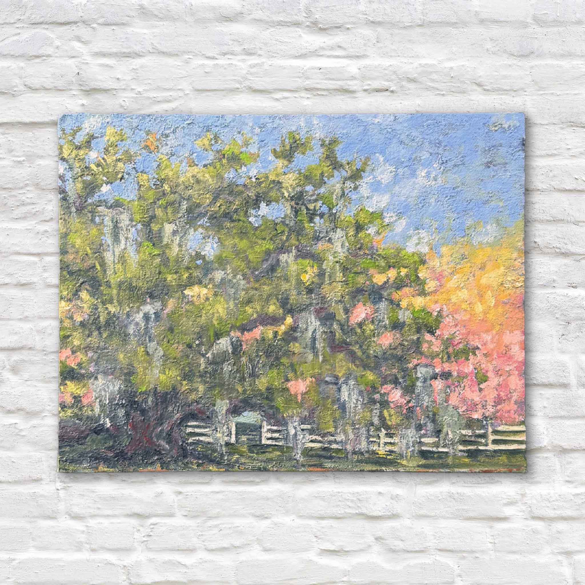 Original oil painting Waverly in Bloom by local Lowcountry artist Jeanne O’Neal, 14x11 landscape artwork on board featuring blooming trees and soft coastal light, available at Gray Man Gallery in Pawleys Island, South Carolina.