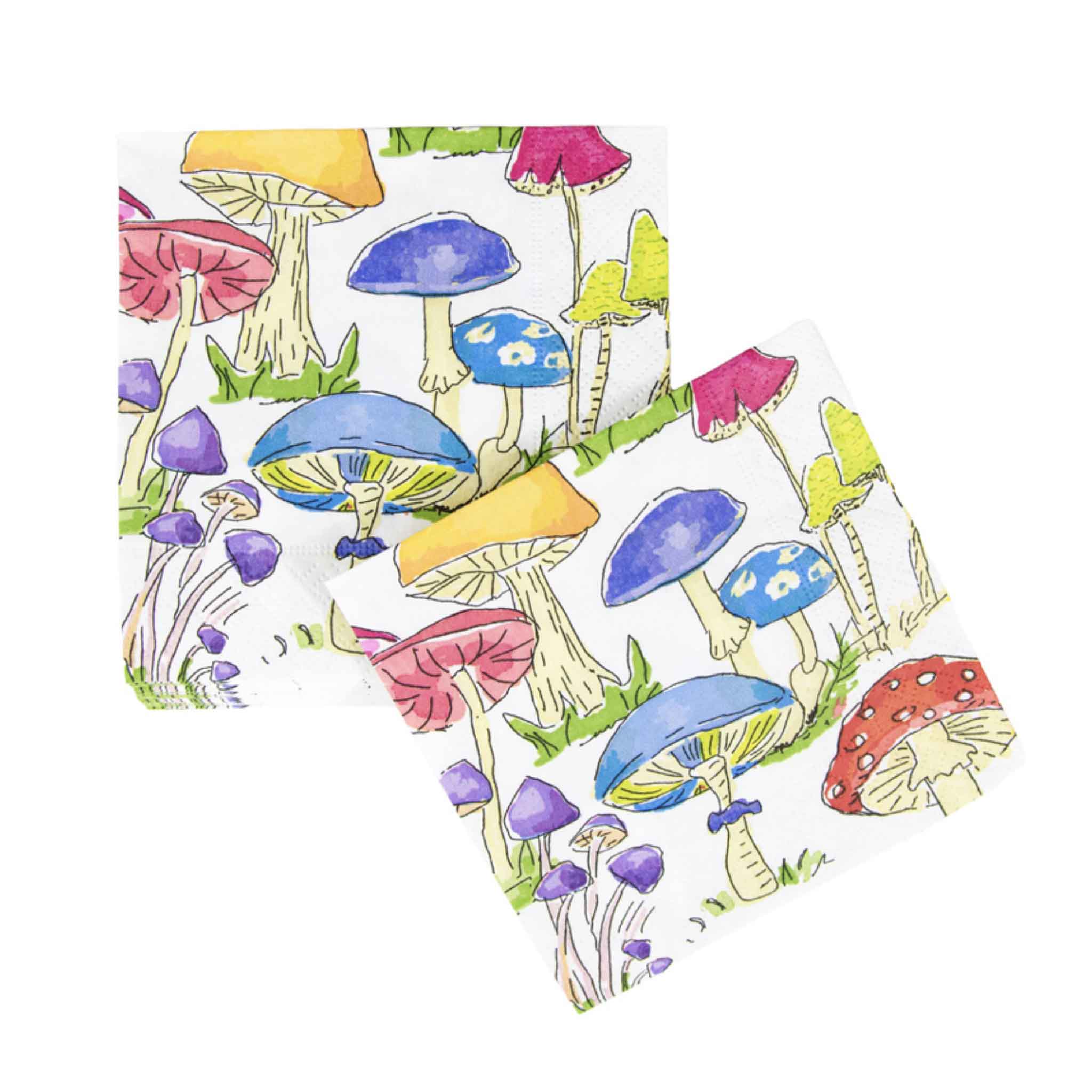 Opened Caspari Woodland Mushrooms cocktail napkins showcase an all-over watercolor mushroom pattern with bright red fly agaric mushrooms, blue caps, purple clusters, and yellow woodland fungi. Made from premium triple-ply paper, these decorative napkins add colorful woodland style to charcuterie boards, cocktail hours, holiday entertaining, fall tablescapes, and nature-inspired celebrations from Gray Man Gallery in Pawleys Island.
